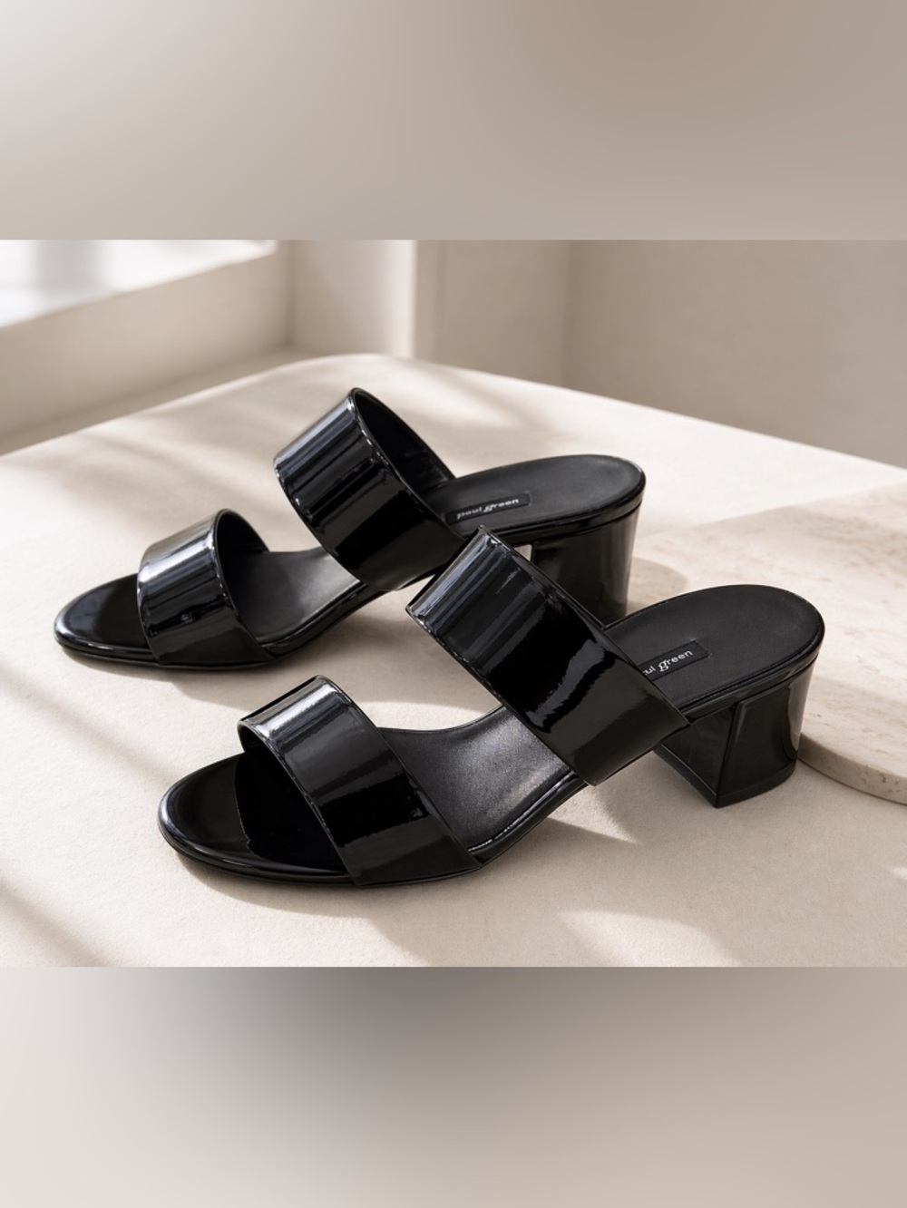 Paul Green Black Patent Leather Mules Block Heel Minimalist Chic Size 7